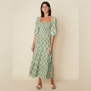 Faithfull The Brand Le Galet Midi Dress Sable Paisley Green Smocked Square Neck